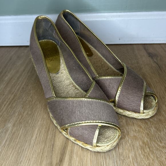 Ralph Lauren Women 9 Cecelia Gray Jersey Gold Trim Espadrille Jute Wedge Peep To - Picture 1 of 9